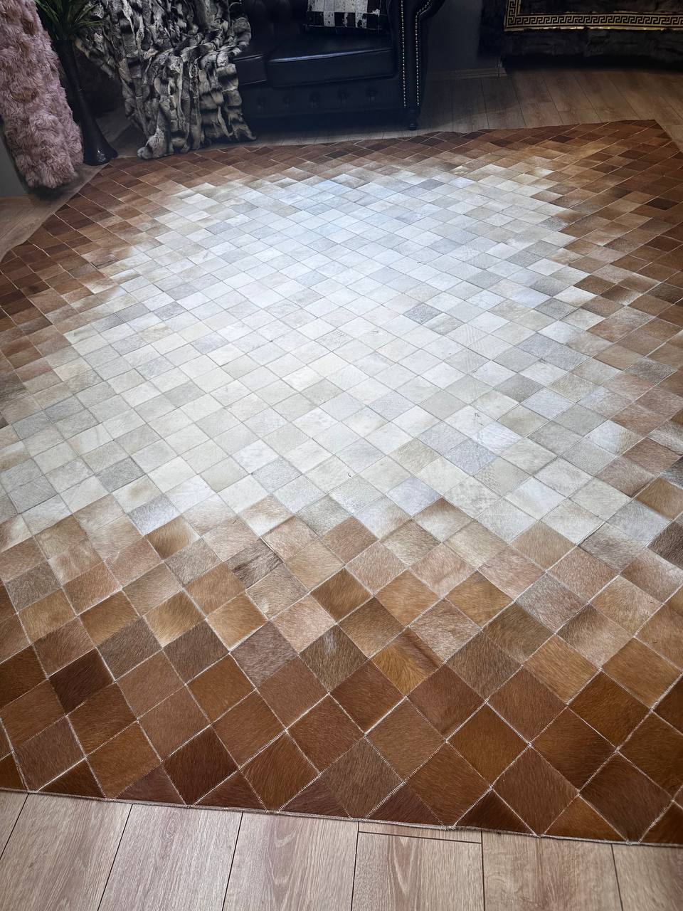 100% Genuine Cowhide Area Rug, Brown White Cowhide Patchwork Rug, Modern Rug for Bedroom Room