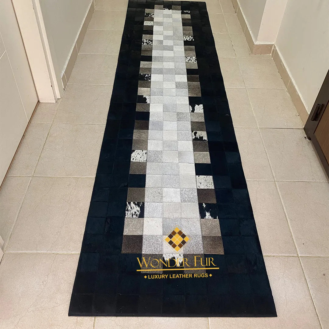 Tricolor Black Border Cowhide Runner Rug, 100% Genuine Cowhide Patchwork Rug, Runner Rug for Hallway