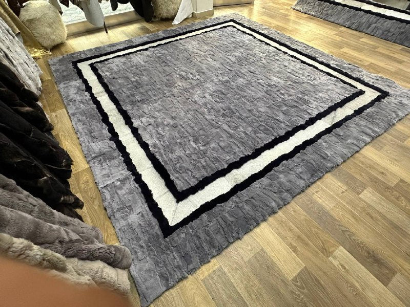 Handmade Gray & White Natural Soft Rabbit Fur Rug