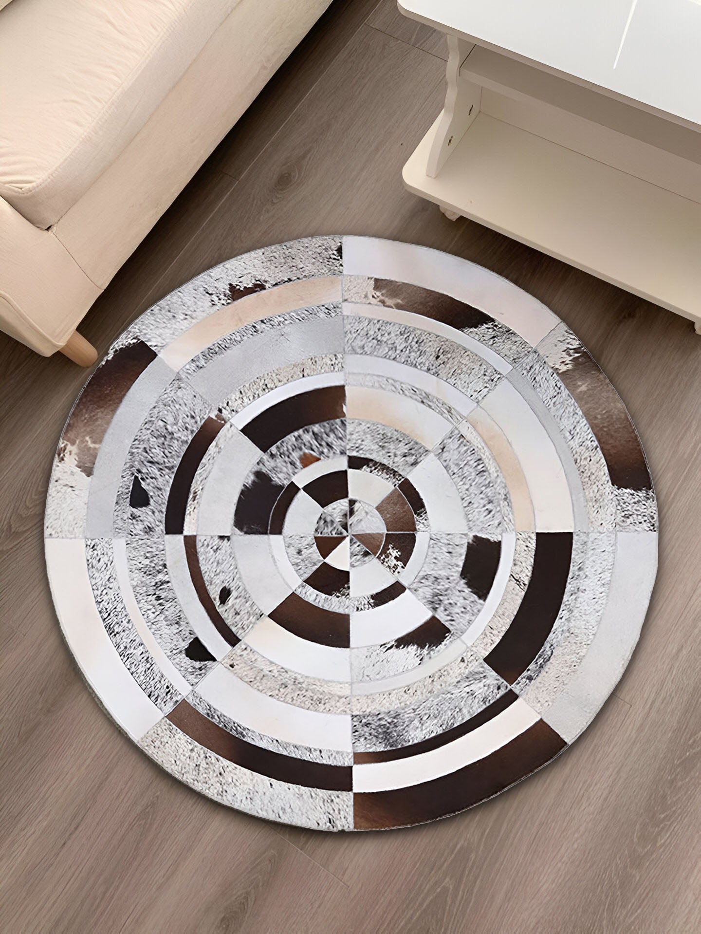 Unique Natural Leather Handmade Cow Skin Carpet, Colorful Cowhide Round Rug