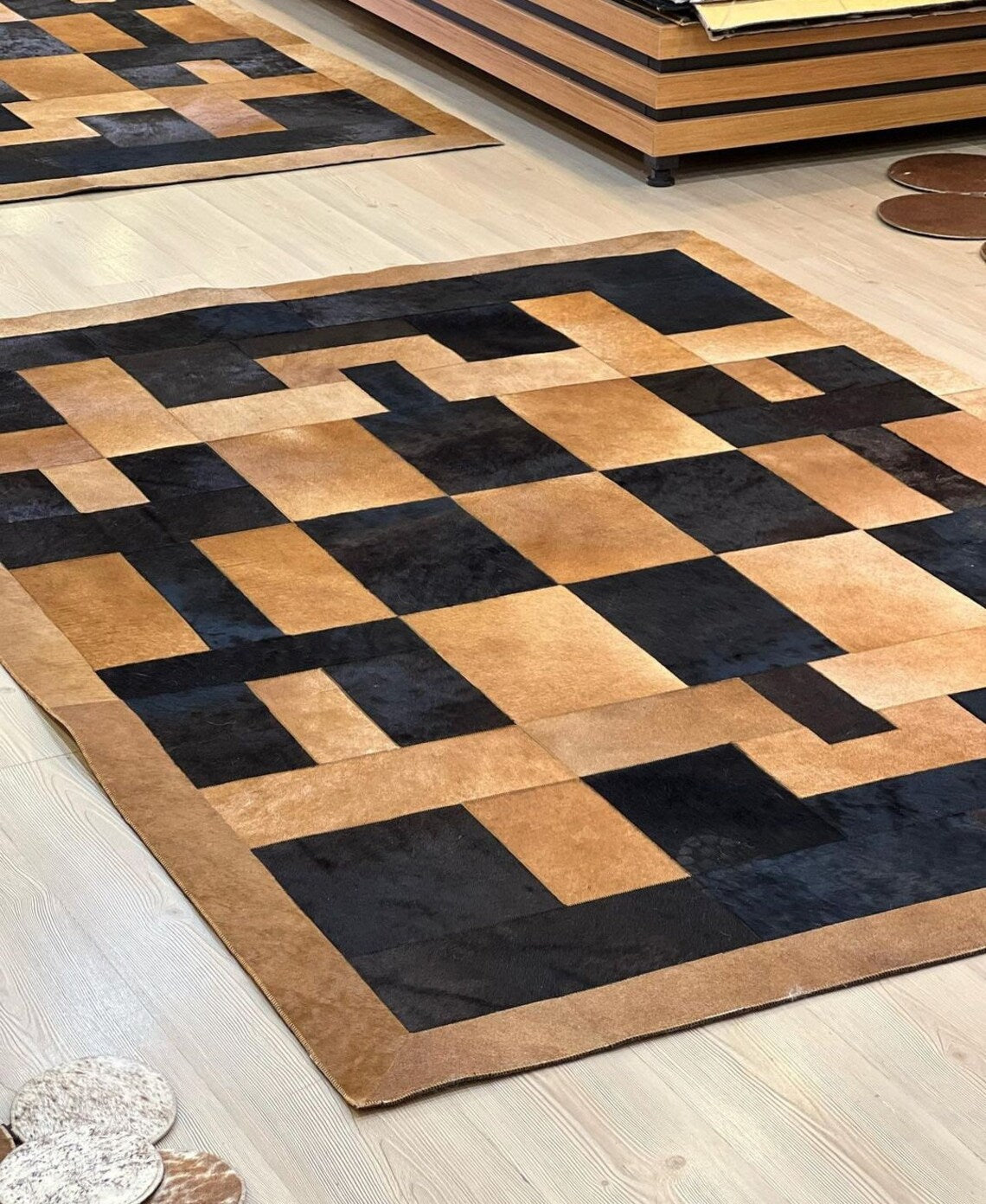 Brown And Black Handmade Real Cowhide 4x4 Area Rug , Non Slip Carpet