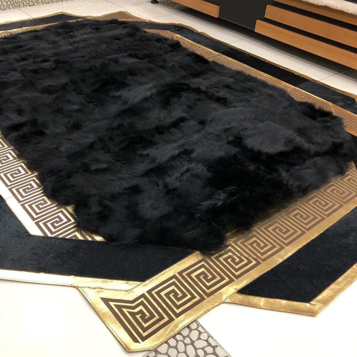 Elegant Black Handmade Natural Sheepskin Area Rug,Wool Living Room Rug