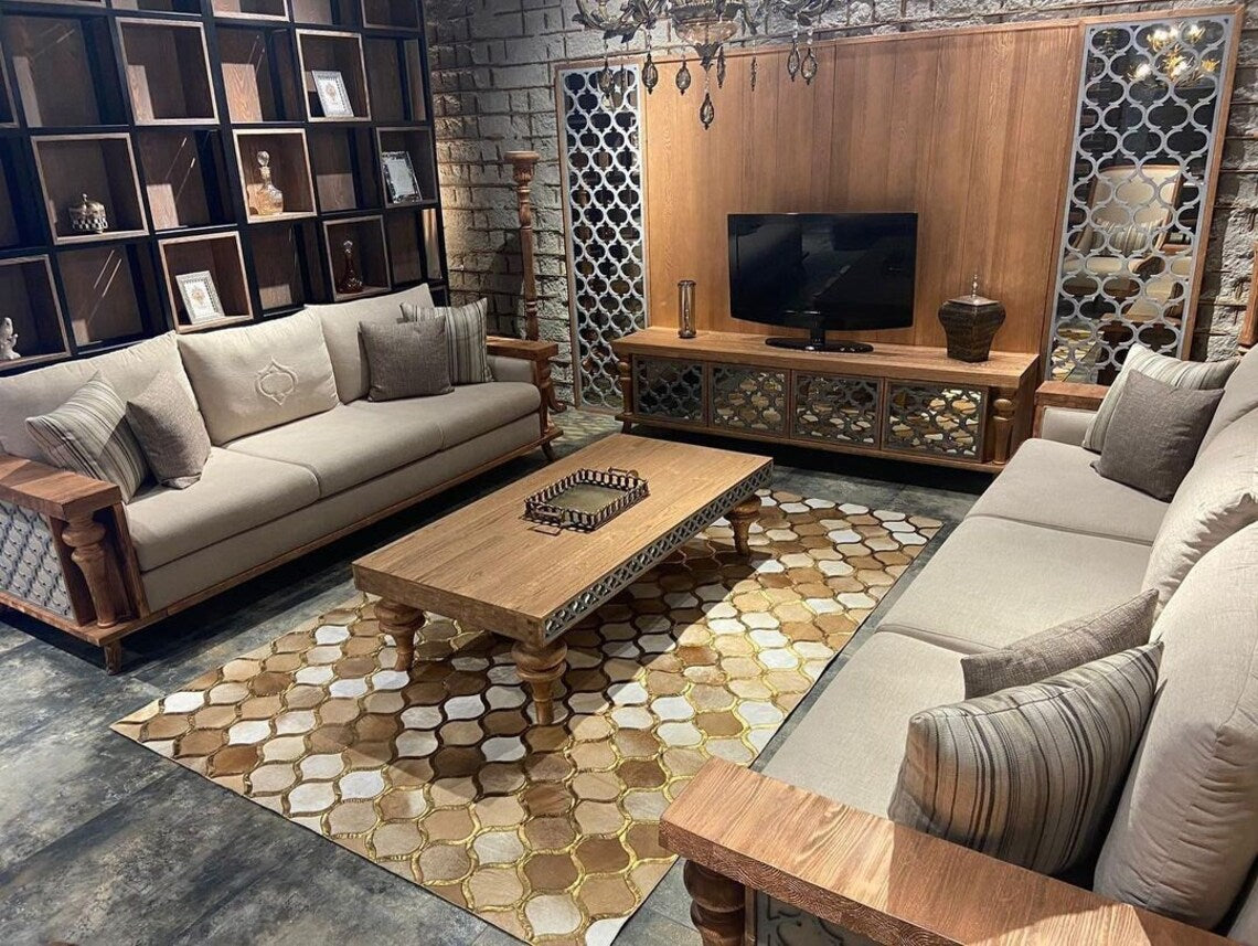 Genuine Patchwork Brown And White Cowhide 6x8 Living Room Leather Rug