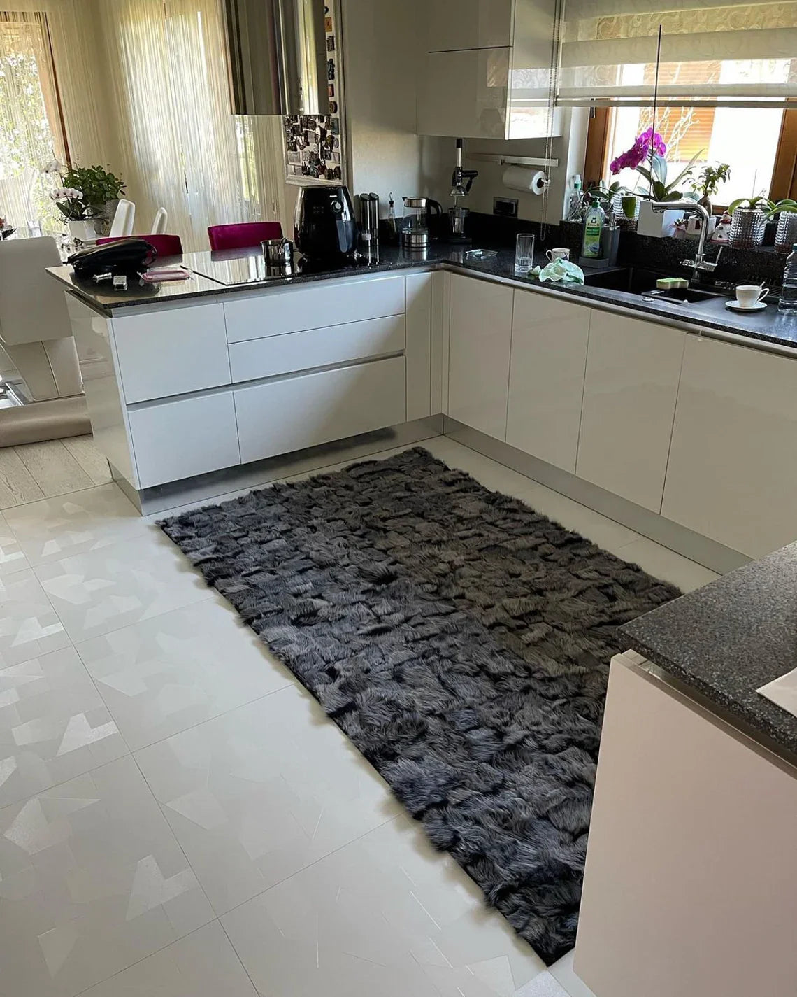 Handmade Modern Natural Gray Sheepskin Corridor Rug , Soft Fluffy Rug