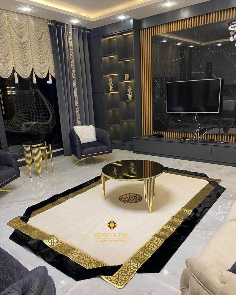 Luxury Handmade Soft Black And White Faux Fur Living Room Elegant Rug