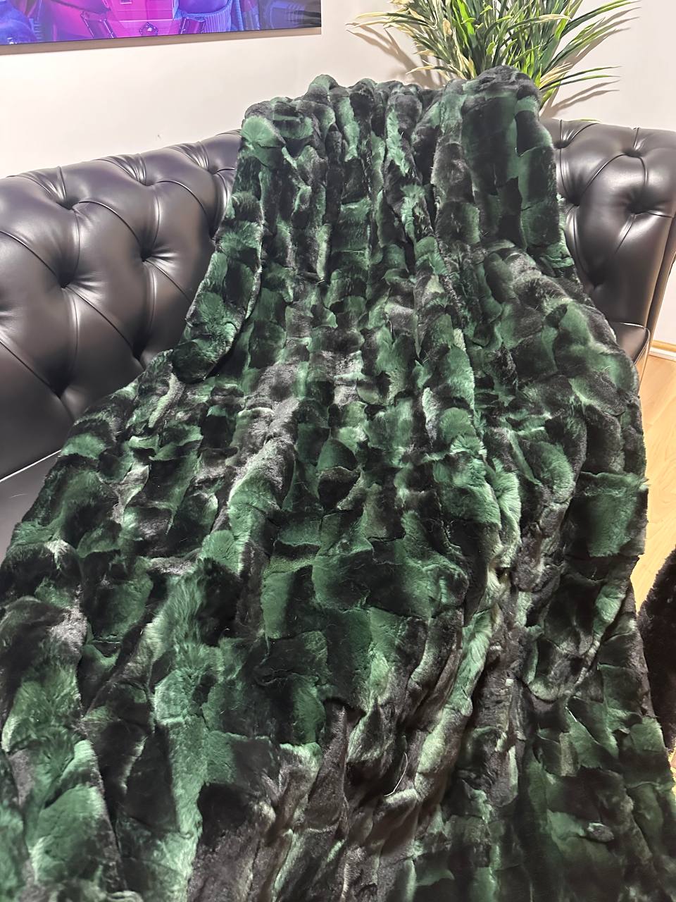 Luxury Real Green Rabbit Fur Blanket, Personalized Rabbit Fur Blanket Throw, Handmade Genuine Fur Blanket, Fur Bedspread, Unique Sofa Cover