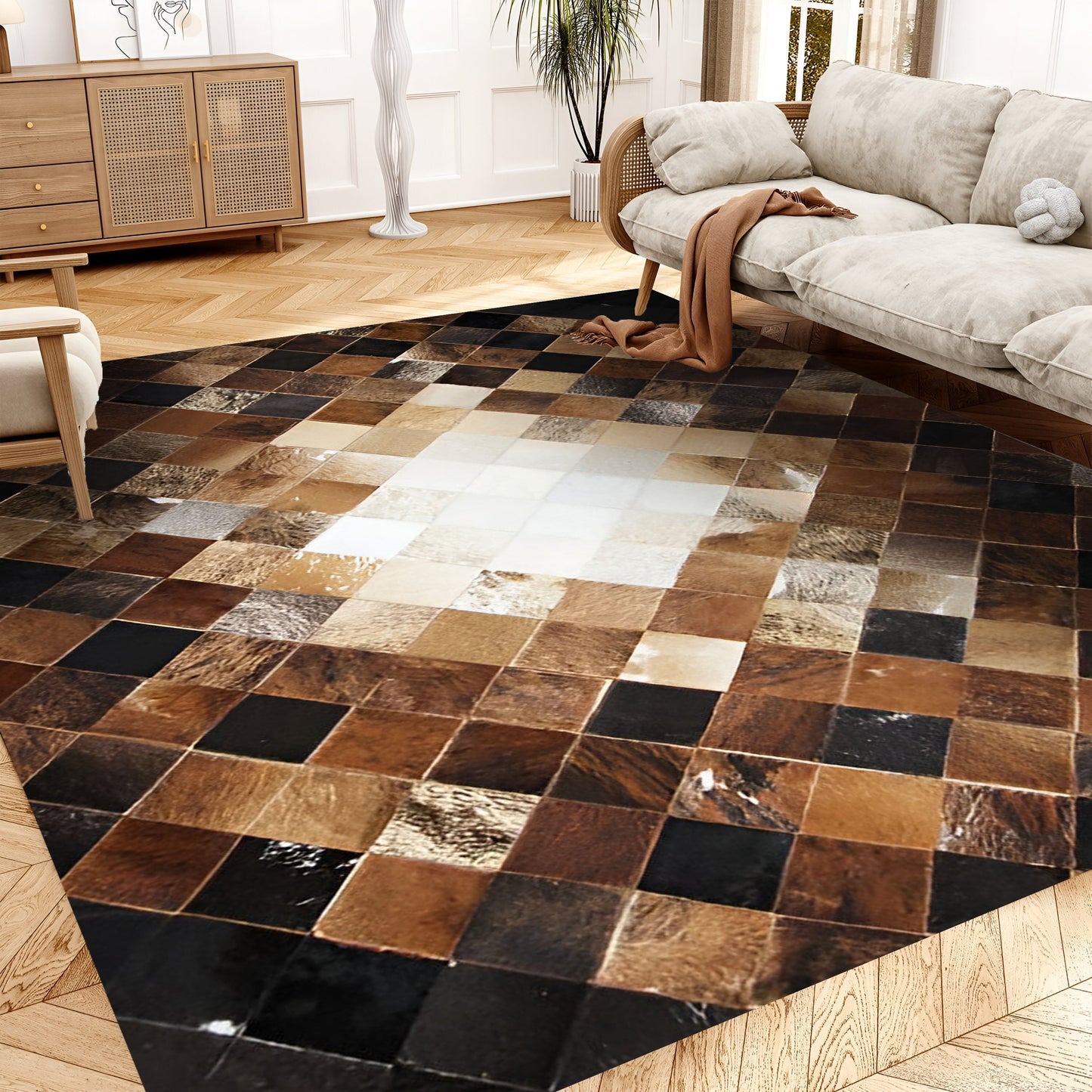 Multicolor Cowhide Patchwork 10x8 Rug, High Quality Natural Leather Handcrafted Rug