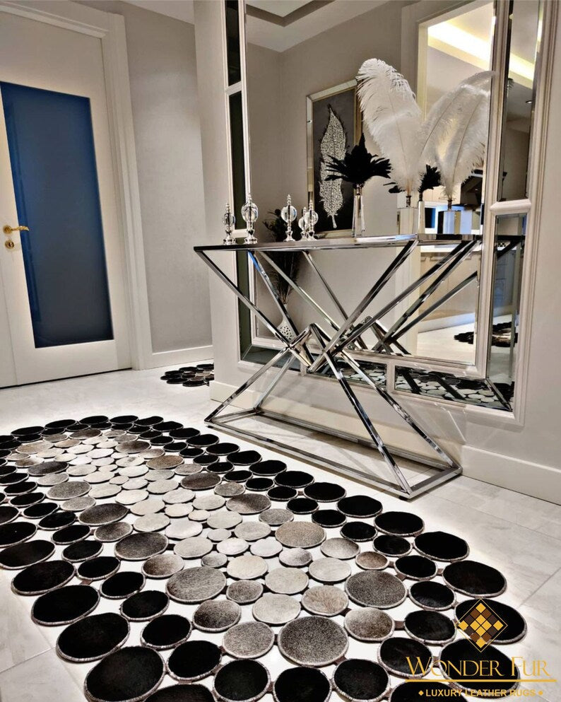 Tricolor Oval Genuine Cow Skin Runner Rug, Handmade Cowhide Patchwork Rug