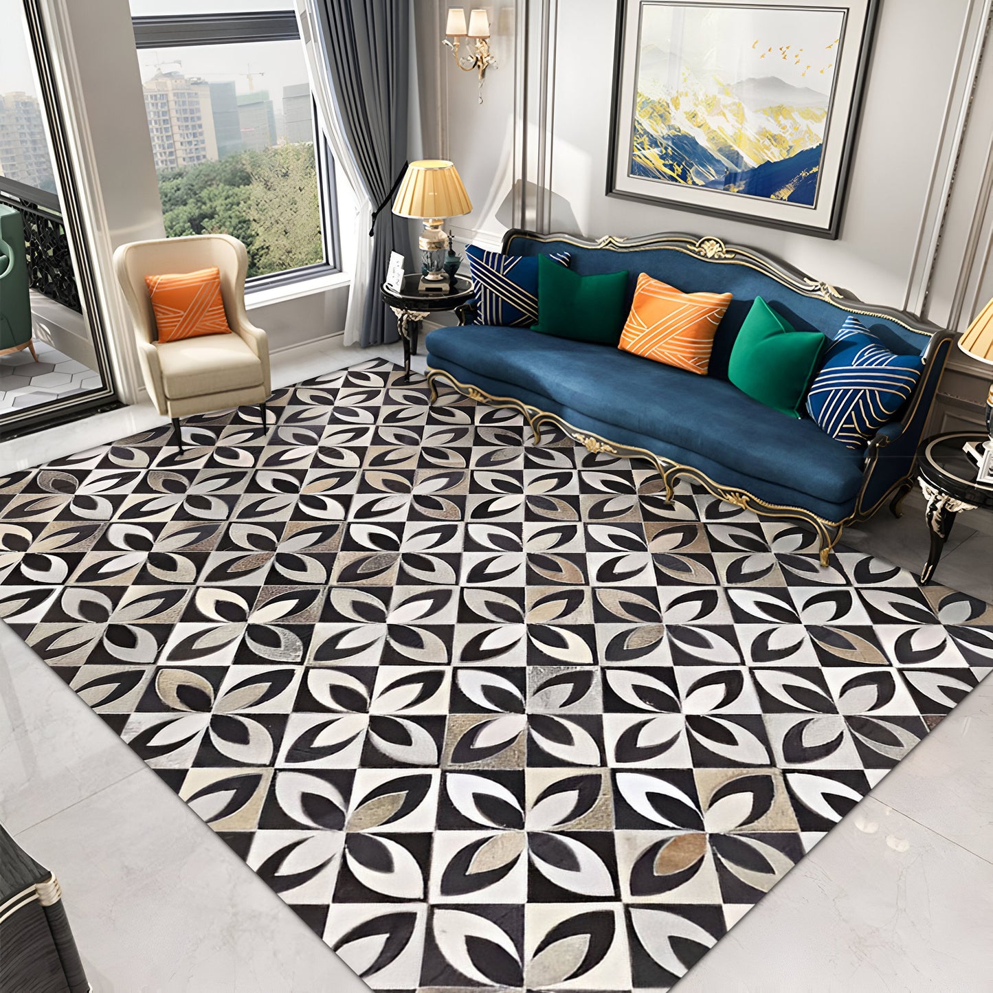 Tricolor Unique Design Cowhide Area Rug, Handmade Natural Living Room Rug