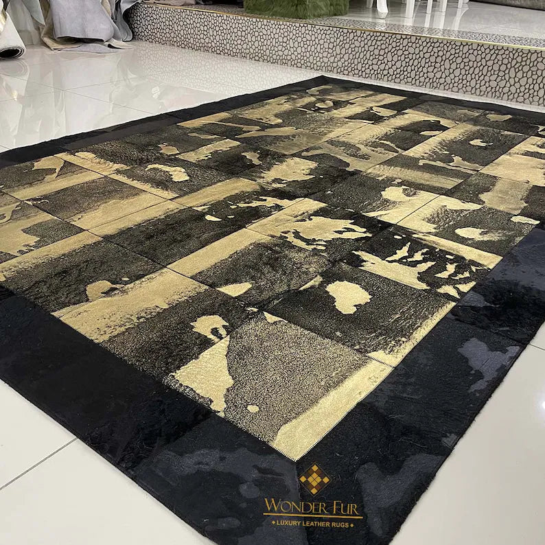 Luxury Black Gold Handmade Sheepskin Rug, Soft 100% Natural Sheep Skin Rug