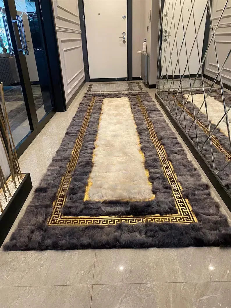 Gray and Cream Natural Sheepskin Runner Rug, Handmade Luxury Hallway Rug