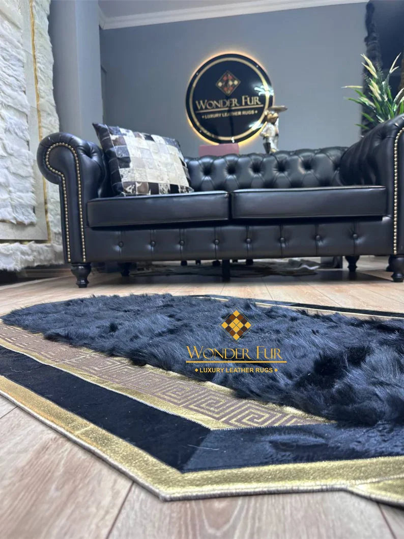 Unique Black Gold Real Sheepskin Area Rug, Shaggy Fluffy Handmade Luxury Rug