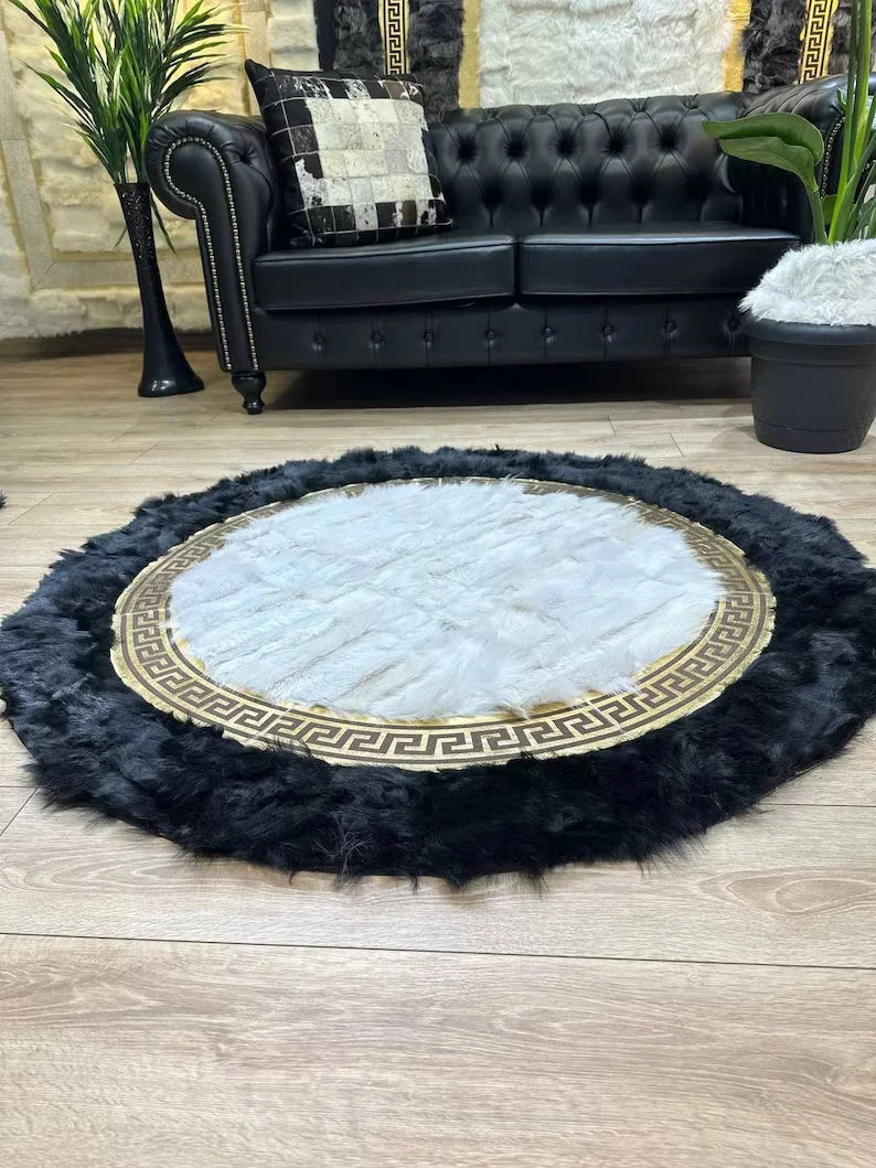 Black White Natural Sheepskin Round Rug, Handmade Real Sheepskin Area Rug