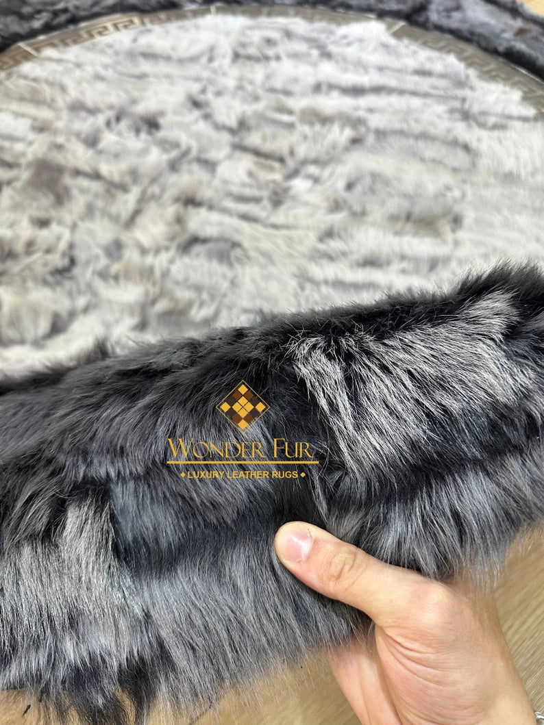 Gray Natural Sheepskin Handmade Round Rug for Entrance, Ultra Soft Non Slip Rug