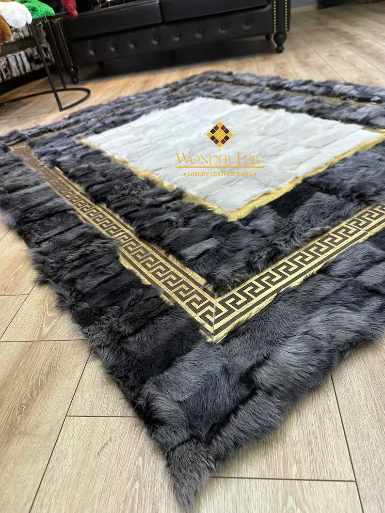 Luxury Gray White Natural Leather Area Rug, Handmade Real Sheepskin Rug