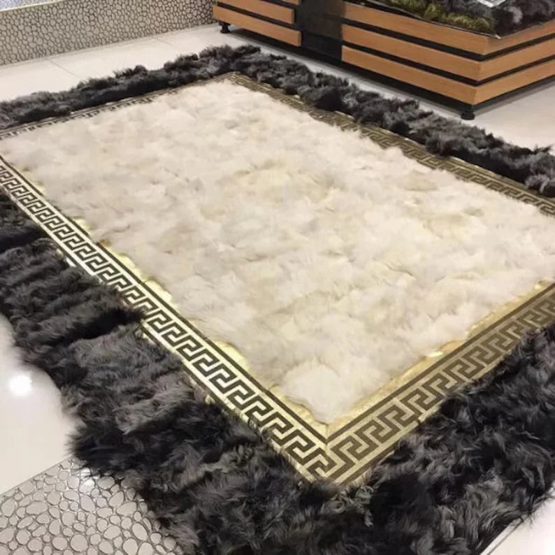 100% Genuine Sheep Leather Unique Area Rug, Handmade Sheepskin Living Room Rug