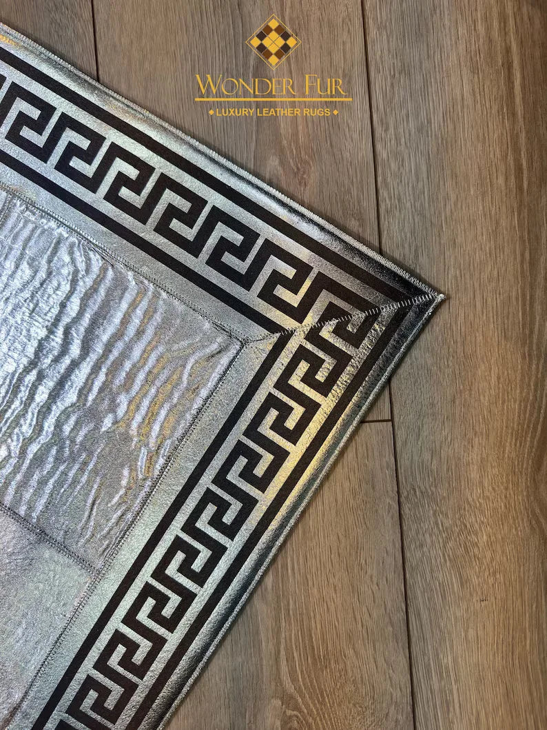 Cowhide Area Rug, Greek Key Pattern Natural Handmade Cowhide Patchwork Rug, Unique Silver Rug