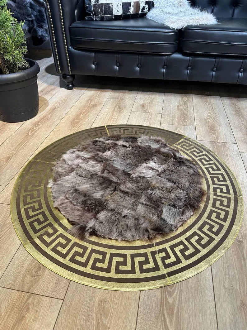 Brown Gold Luxury Natural Sheepskin Round Rug, Handmade Unique Soft Rug
