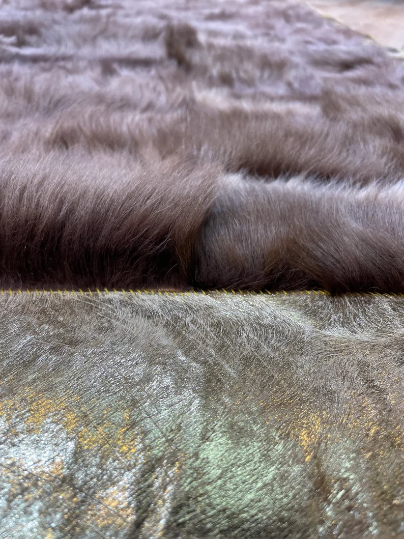 Luxury Brown Fluffy Natural Sheepskin Rug with Gold Border, Handamde Elegance