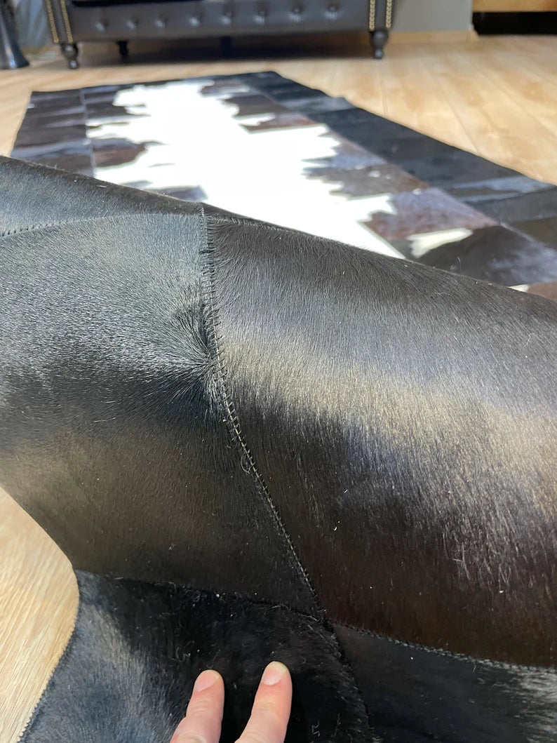 Black White Modern Hallway Rug, Hadnamde Natural Cowhide Runner Rug