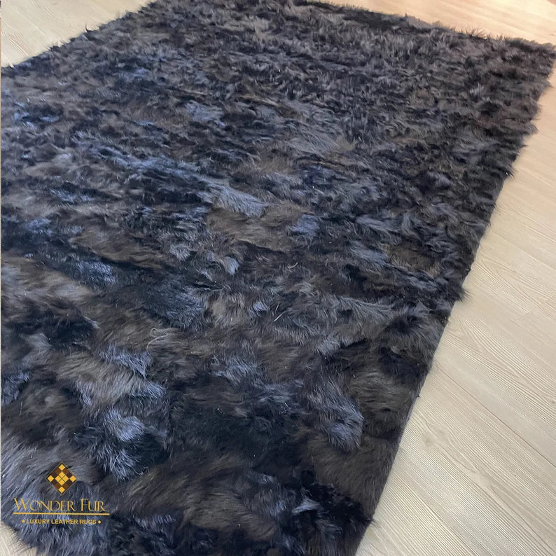 Black Sheepskin Area Rug, Unique Decor, Handmade Leather Carpet