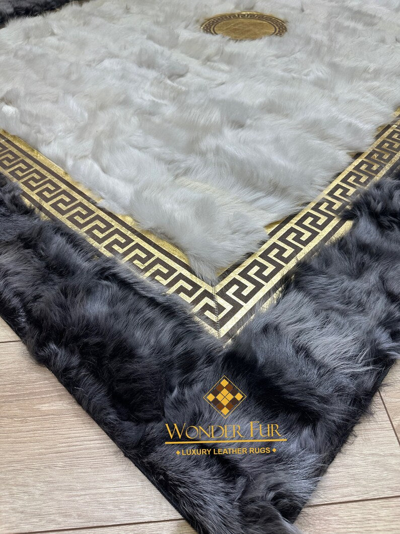 Unique Customizable Gray White Real Sheepskin Handmade Living Room Rug