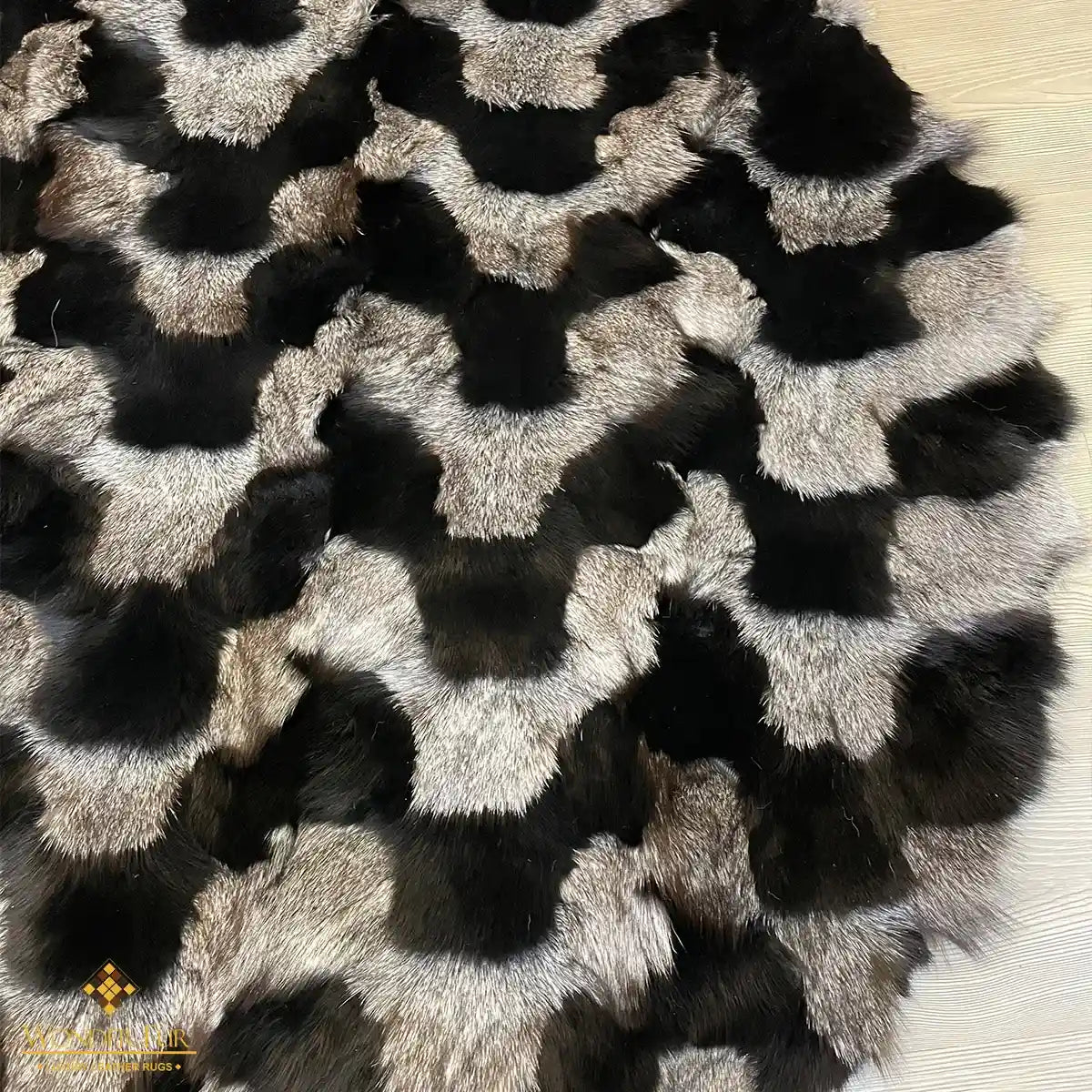 100% Genuine Black and Gray Striped Fluffy Round Fox Fur Area Rug