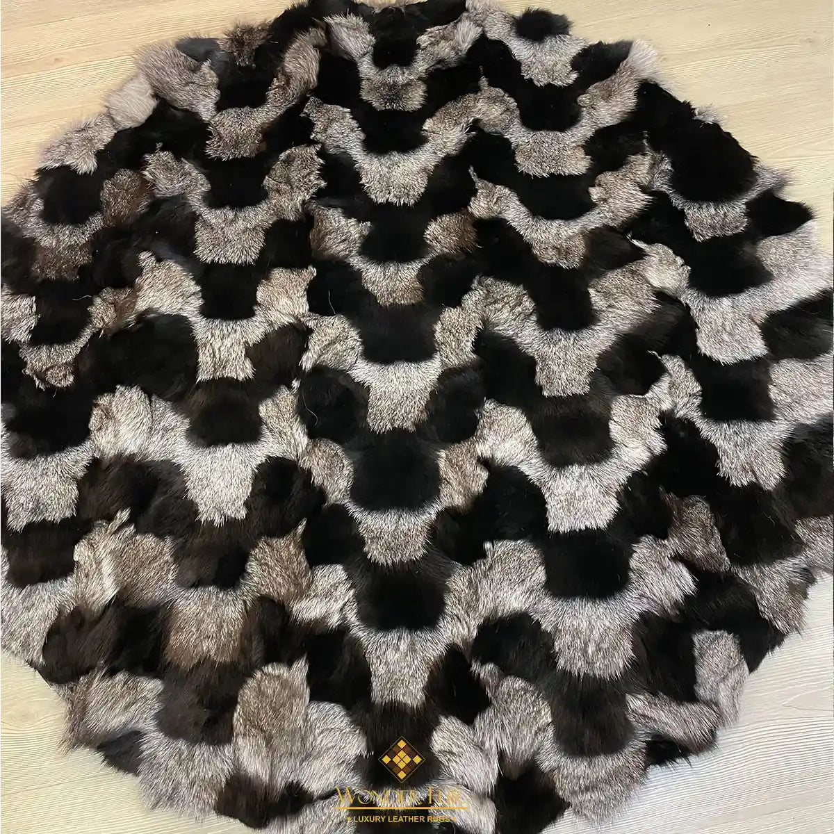 100% Genuine Black and Gray Striped Fluffy Round Fox Fur Area Rug