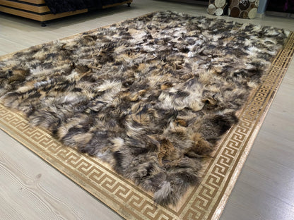 100 % Genuine Brown Mix Color Fox Fur Area Rug, Soft Fluffy Area Rug