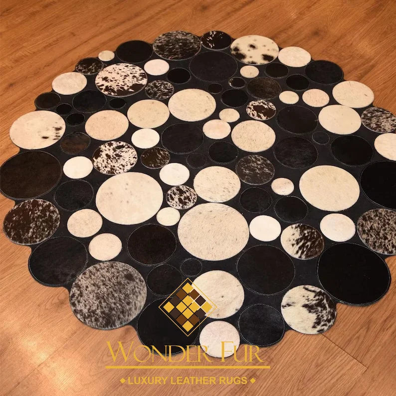100% Genuine Cowhide Round 3x3 Rug, Hair on Leather Rug, Boho Rug, Carpet for Decoration
