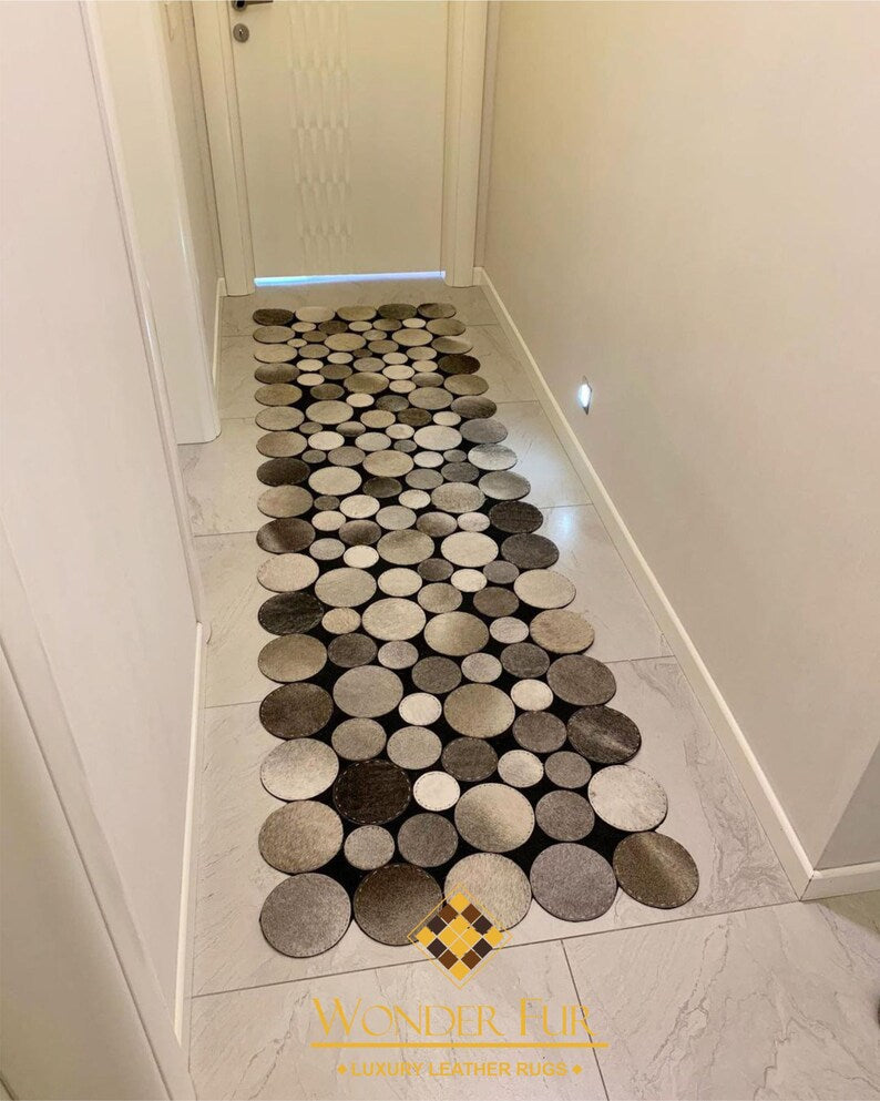 100% Genuine Leather Handmade Cowhide Runner Rug, Hallway Rug for Decor