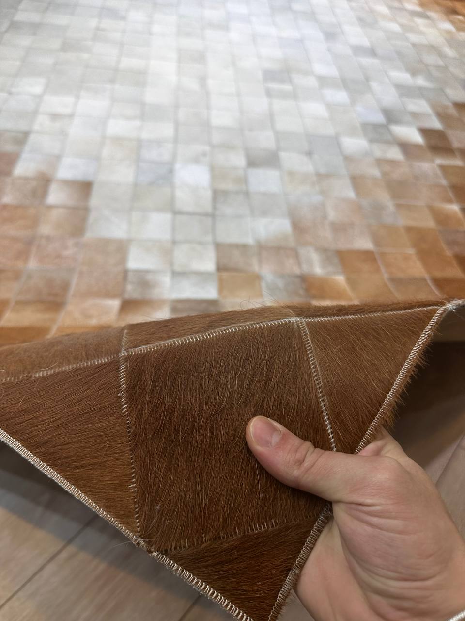 100% Genuine Cowhide Area Rug, Brown White Cowhide Patchwork Rug, Modern Rug for Bedroom Room