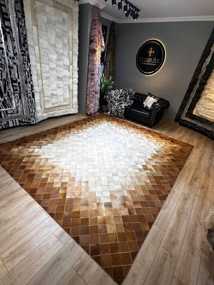 100% Genuine Cowhide Area Rug, Brown White Cowhide Patchwork Rug, Modern Rug for Bedroom Room