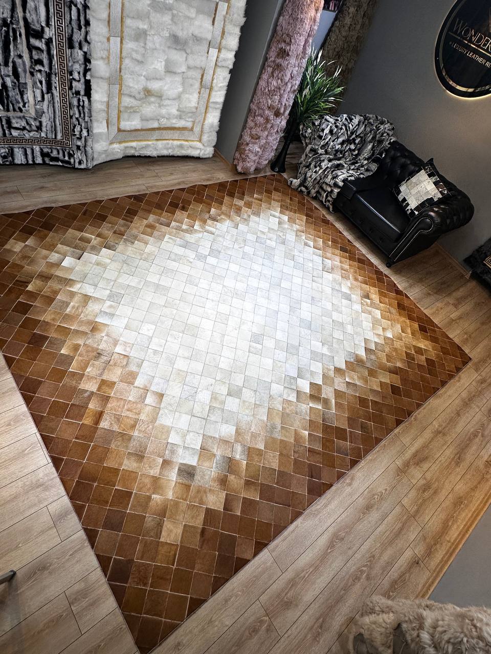 100% Genuine Cowhide Area Rug, Brown White Cowhide Patchwork Rug, Modern Rug for Bedroom Room