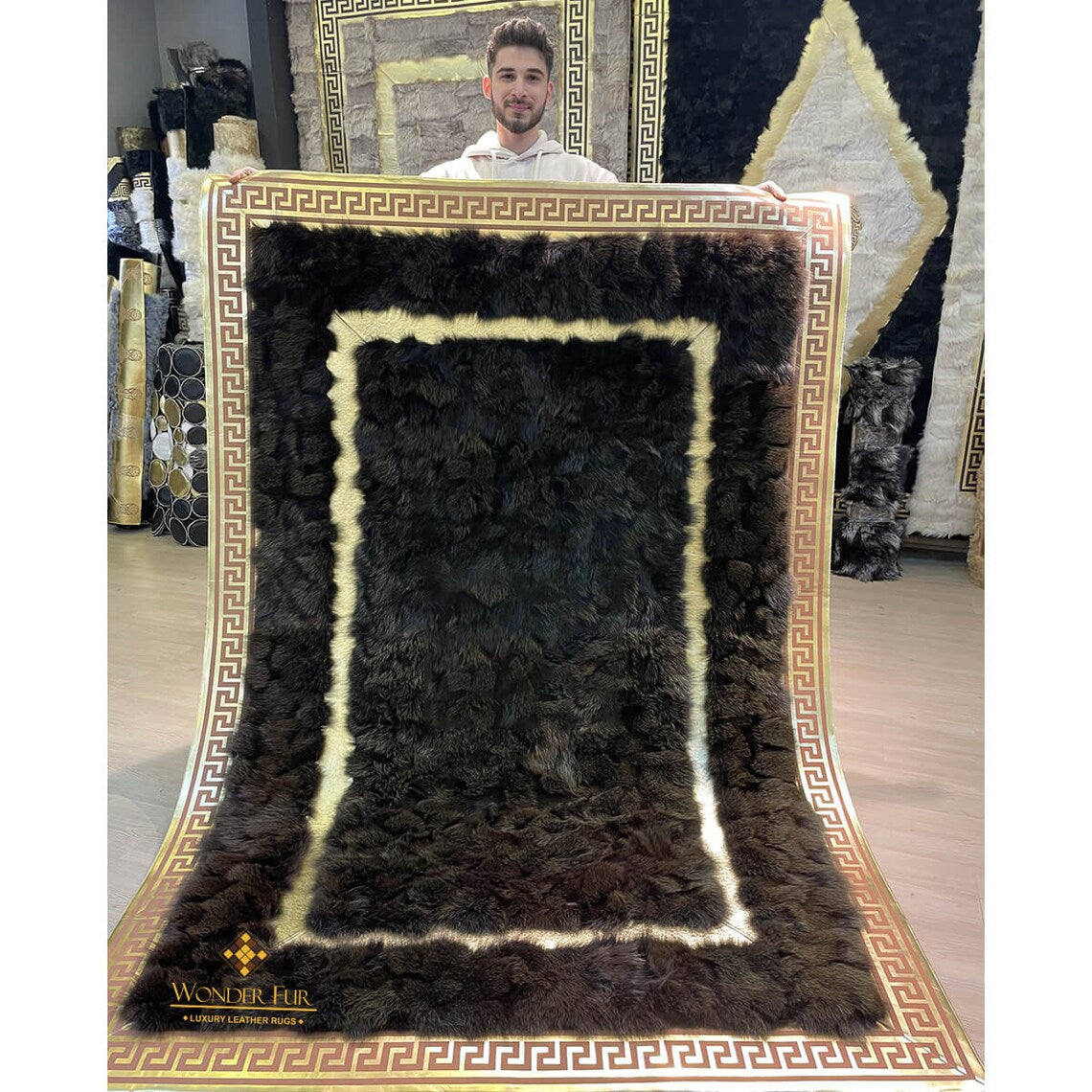 100% Natural Handmade Black And Gold Fox Fur Large Living Room Rug