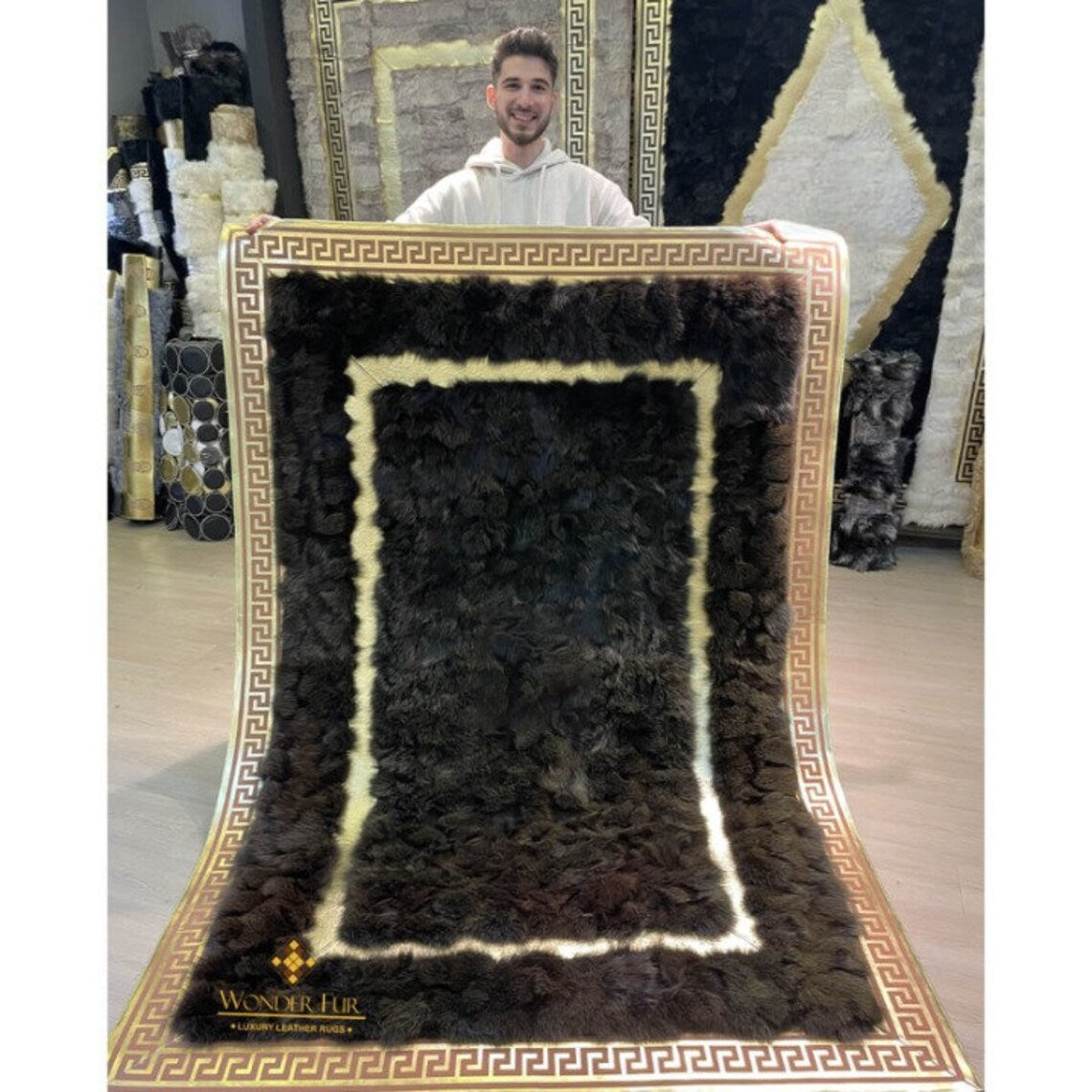 100% Natural Handmade Black And Gold Fox Fur Large Living Room Rug