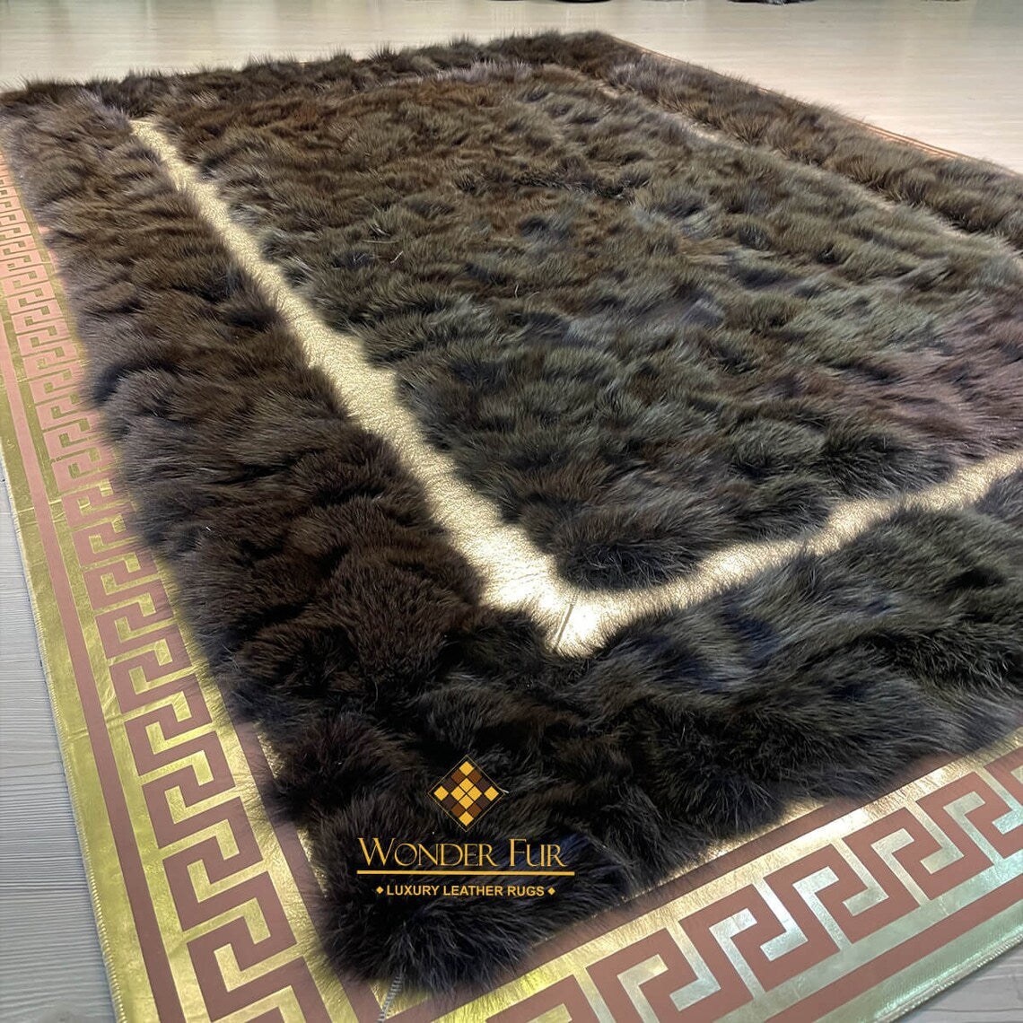 100% Natural Handmade Black And Gold Fox Fur Large Living Room Rug