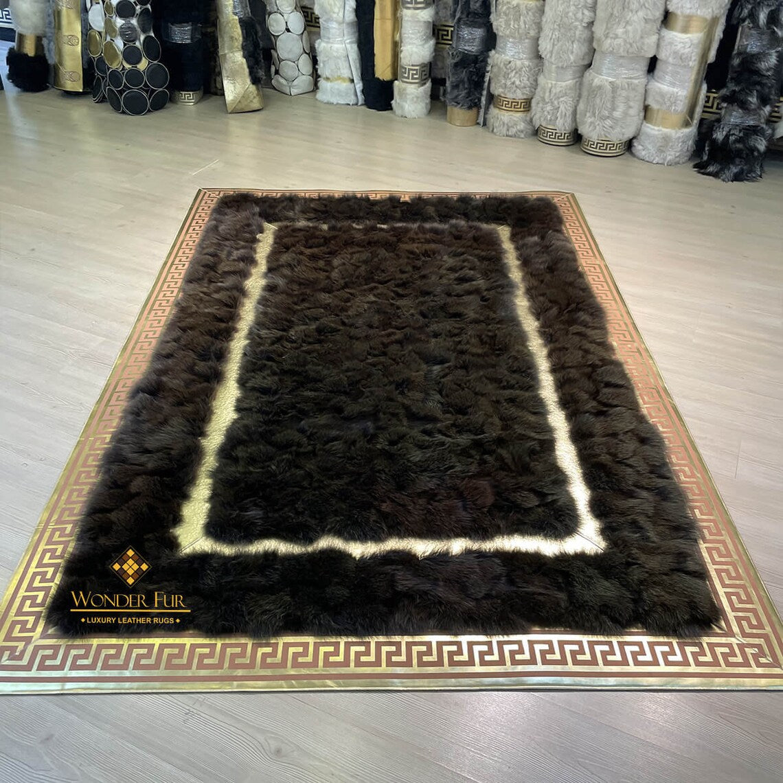 100% Natural Handmade Black And Gold Fox Fur Large Living Room Rug