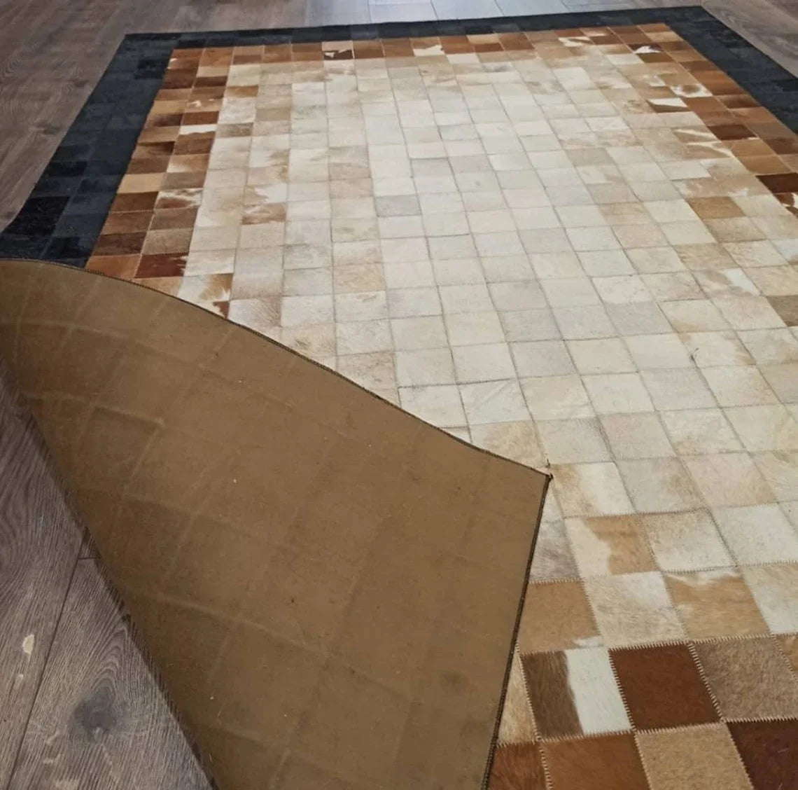 100% Natural Handmade Tricolor Cowhide Living Room Rug , Patchwork Rug