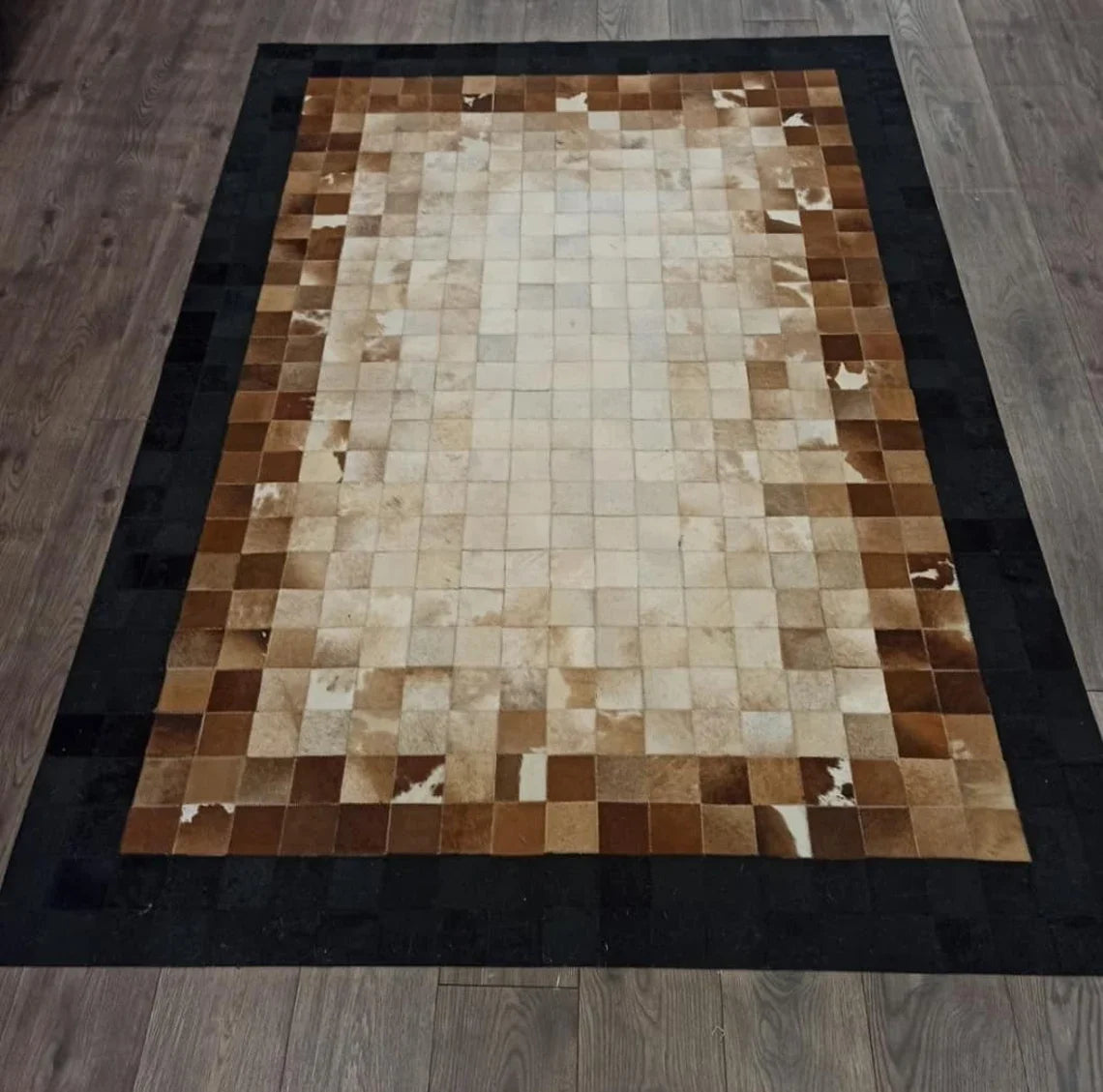 100% Natural Handmade Tricolor Cowhide Living Room Rug , Patchwork Rug
