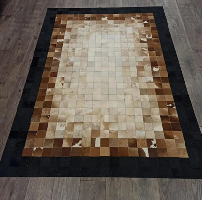 100% Natural Handmade Tricolor Cowhide Living Room Rug , Patchwork Rug
