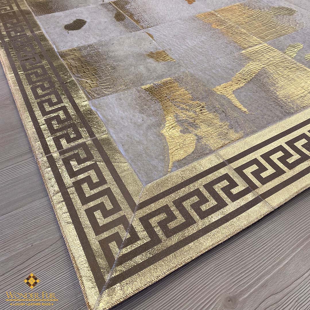 Unique Natural Sheepskin Gold-Edged Grey Area Rug with Elegant Gold Accents