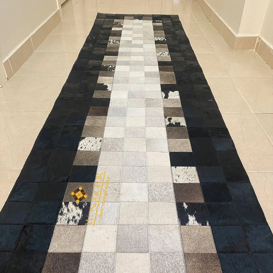 Tricolor Black Border Cowhide Runner Rug, 100% Genuine Cowhide Patchwork Rug, Runner Rug for Hallway