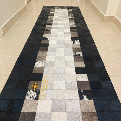 Tricolor Black Border Cowhide Runner Rug, 100% Genuine Cowhide Patchwork Rug, Runner Rug for Hallway