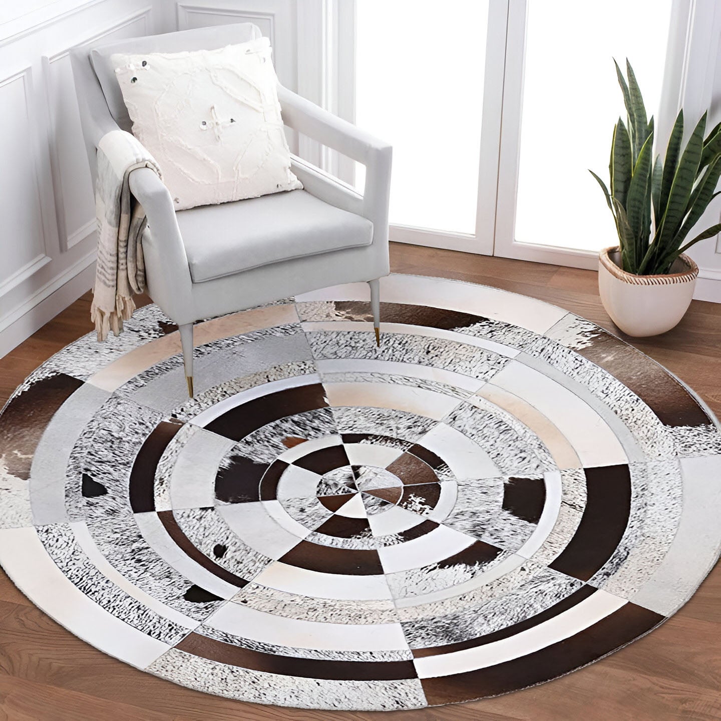 Unique Natural Leather Handmade Cow Skin Carpet, Colorful Cowhide Round Rug