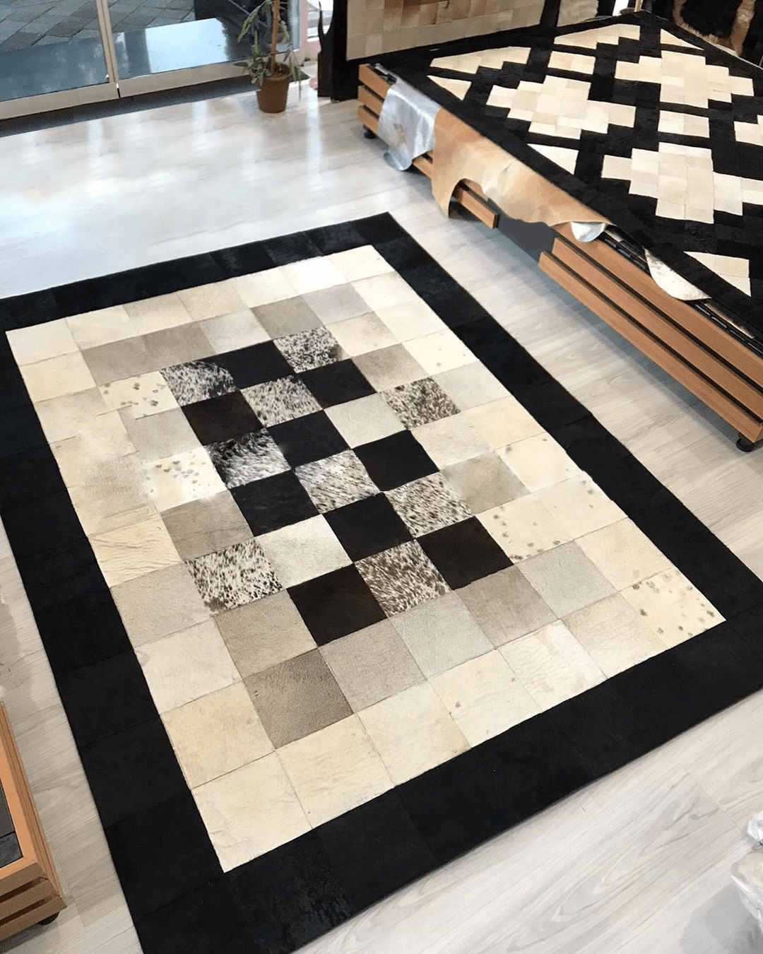 Black and Cream Patchwork Area Rug, Natural Cowhide Area Rug, Geometric Black and Cream Patchwork Cowhide Rug - Wonder fur rug Rug Wonder Fur Rug Wonder fur rug