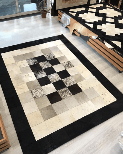Black and Cream Patchwork Area Rug, Natural Cowhide Area Rug, Geometric Black and Cream Patchwork Cowhide Rug - Wonder fur rug Rug Wonder Fur Rug Wonder fur rug