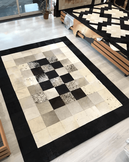 Black and Cream Patchwork Area Rug, Natural Cowhide Area Rug, Geometric Black and Cream Patchwork Cowhide Rug - Wonder fur rug Rug Wonder Fur Rug Wonder fur rug