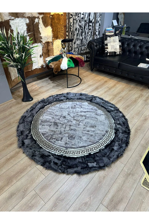 Gray  Natural  Handmade Sheepskin Rug with Double Silver Greek Key Pattern