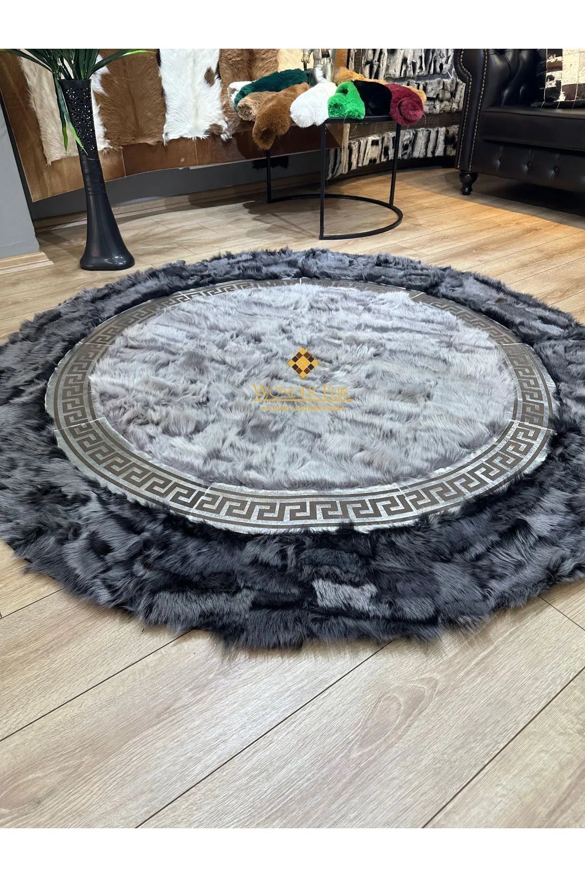 Gray  Natural  Handmade Sheepskin Rug with Double Silver Greek Key Pattern